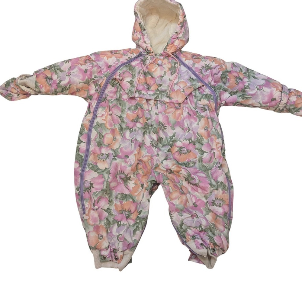Vintage Infant Floral Snowsuit 12–18M Pink Purple Hooded‎ One Piece 80s Retro